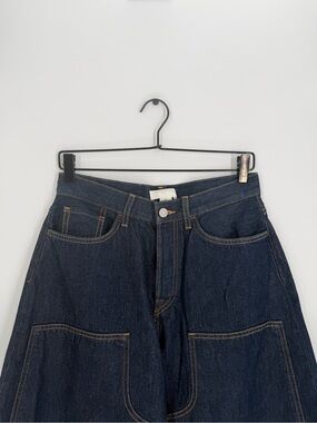 Cos Western Barrel Leg Raw Denim Top Stitched Relaxed Fit Pants In Indigo